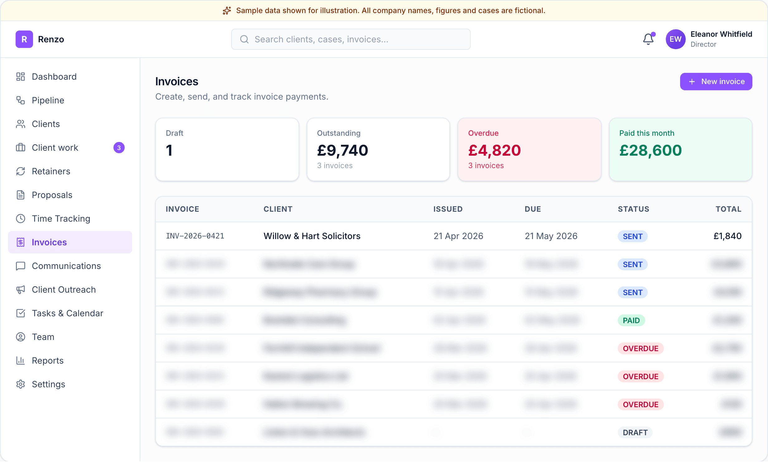 Renzo invoicing for HR consultancies - branded invoices generated from tracked time